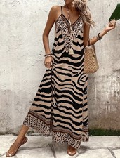 Sleeveless Beige Black Animal Print Maxi Dress V-Neck Strappy Pullover Casual