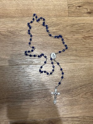 Lapis Lazuli Blue Beads Rosary Necklace Miraculous Medal with Silver Crucifix