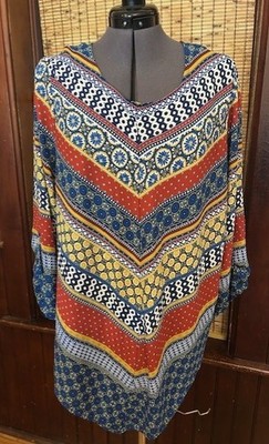 Ruby Rd Women's 2X Pullover Colorful 3/4 Roll Tab Sleeve Hankerchief Blouse Top