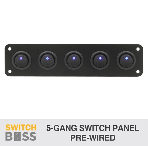 5 Gang Rocker Switch Panel - BLUE LED - PRE-WIRED For 12V Cars, Boats, Caravans & Marine Use - Weatherproof