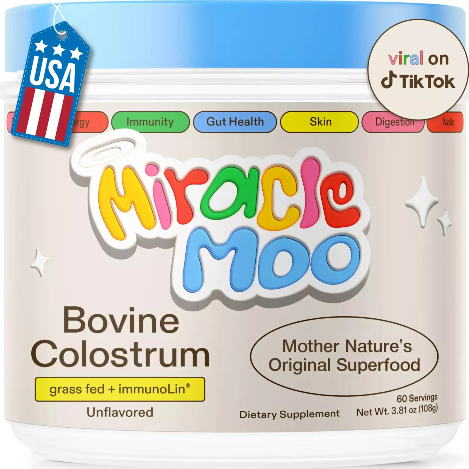 Miracle Moo Mother Natures Bovine Colostrum grassfed+ immunolin Supplement 60 SV