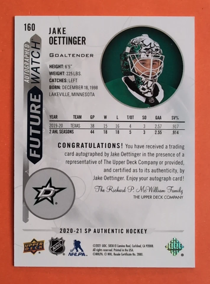 JAKE OETTINGER FUTURE WATCH 2020-21 SP AUTHENTIC AUTOGRAPH /999 ROOKIE #160 - Image 2 of 4