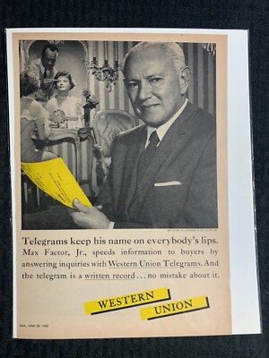 1959 WESTERN UNION TELEGRAMS 8x11'' Print Ad FN 6.0 Max Factor Jr.