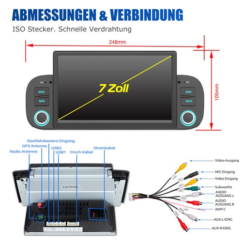 7" Android 14 Autoradio Stereo GPS Navi RDS Carplay 64G per Fiat Panda 2013-2020 - Foto 13 di 17