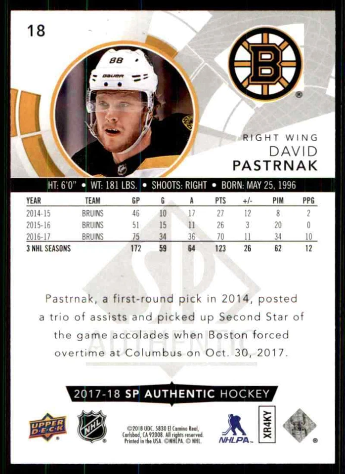 2017-18 Upper Deck SP Authentic David Pastrnak #18 - Image 2 of 2