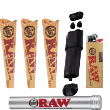RAW 1 1/4 Cones 18ct  Double Shot Filler  Smell-Proof Tube  BIC Lighter Kit