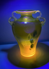 MCM ART GLASS 7" VASE LEMON / CHARTREUSE BASE with MAGNESIUM GLOW HANDLES MURANO