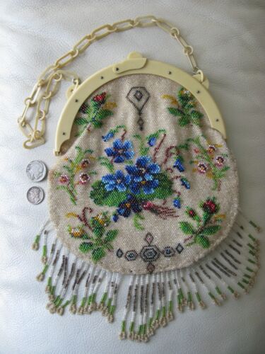 Antique Bakelite Celluloid Frame Chain Handle Lined Floral Fringe Bead Purse