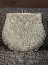 Antique Silver Glass Beaded Victorian Purse with Metal Shoulder Strap