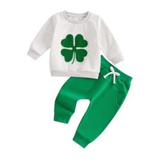 Baby Boy Girl St Patrick's Day Outfit Fuzzy Clover Embroidery Long 2-3T Gray
