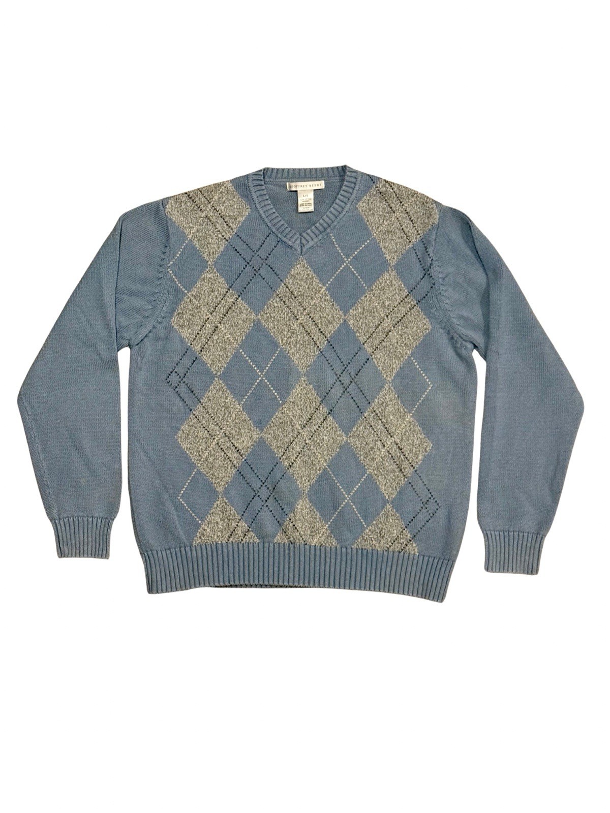 Geoffrey Beene Men’s Argyle Sweater Blue Gray V-Neck 100% Cotton Size L EUC #1
