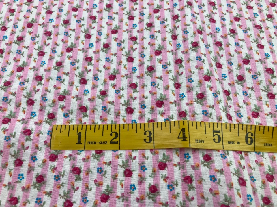 2.5 yds Rose & Hubble Pink & White Floral Stripe Fabric Tiny Flowers Cottage - Image 4 of 4