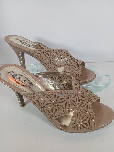 NEW Italina Summer Rio Womens Nude Rhinestone Summer Open Toe Shoe High Heel 10M - Picture 1 of 16
