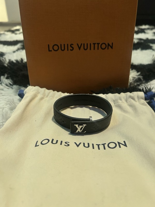 Louis Vuitton Black Leather Wrap Bracelet for Men, Silver Base Metal