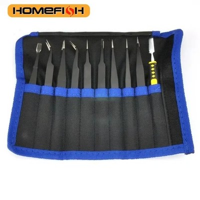 Tweezers set stainless steel 10 pieces ESD antistatic precision tweezers pointed