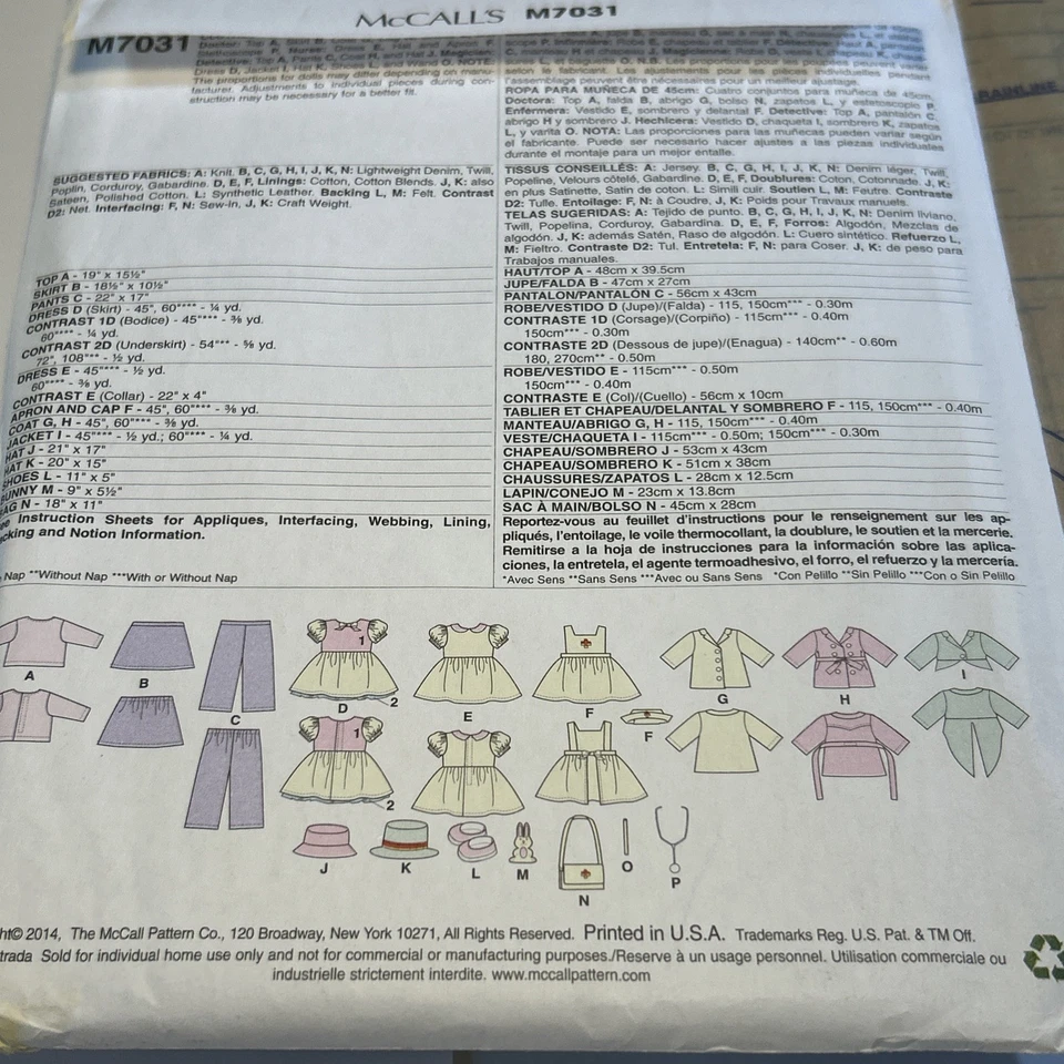 McCall's M7031 18" Doll Costume Pattern Magician Nurse Doctor Detective Uncut - Image 4 of 4