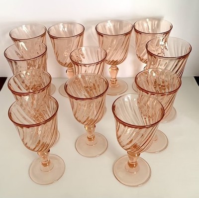 Set of 12 Vintage Pink Swirl France Glasses/ 6 Water/ 6 Wine