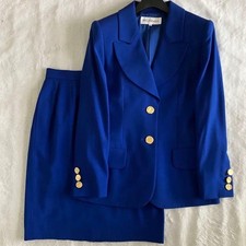 Yves Saint Laurent Wool Logo Gold Button Jacket Skirt Set 36 Blue Made in Japan