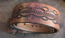 Vintage Western Tooled Leather Belt Strap Scalloped Medallion Snap On Brown 38 x