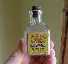 1890s DIAMOND INKS SPECIAL FOUNTAIN PEN INK LABELED SQUARE SCHOOLHOUSE BOTTLE