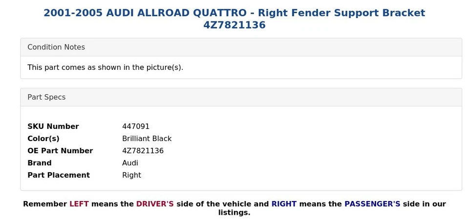 2001-2005 AUDI ALLROAD QUATTRO - Right Fender Support Bracket 4Z7821136 - Image 4 of 4