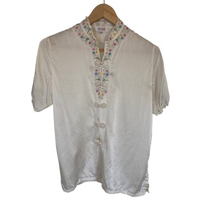 ASILK Womens White 100% Silk Embroidered Mandarin Collar Frog Button Blouse S