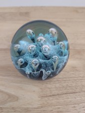 Paperweight Art Glass Sphere With Controlled Bubbles Blue  Clear 3.5 Inches