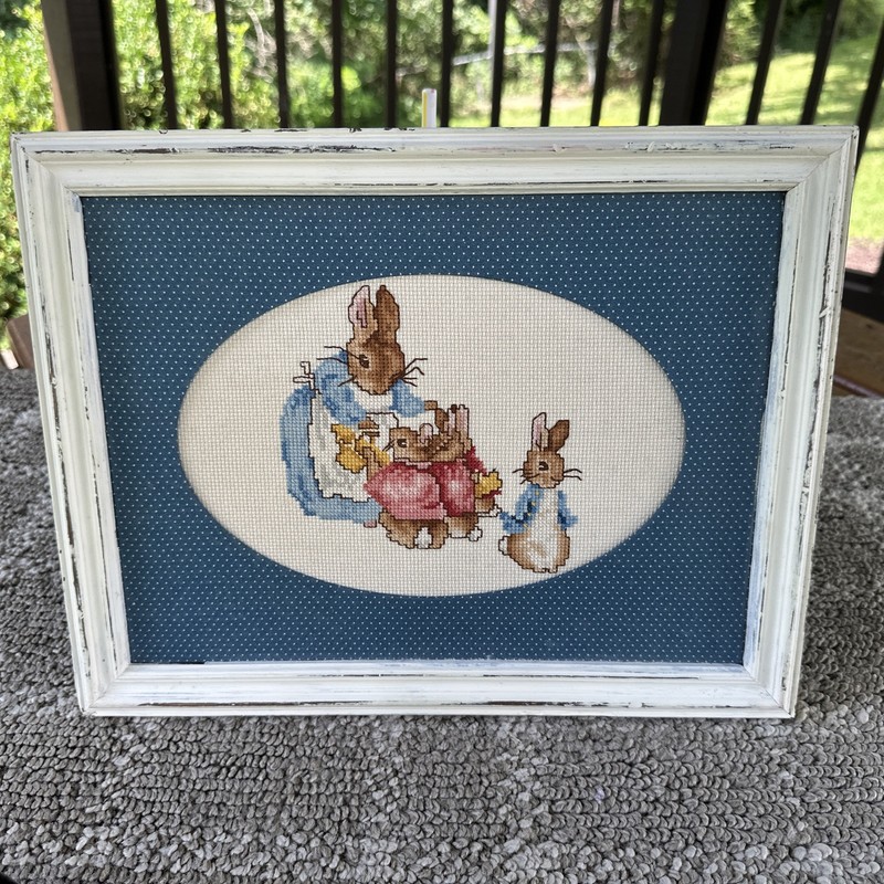 VTG Completed Needlepoint Embroidery Art Beatrix Potter Peter Rabbit Family 8x10