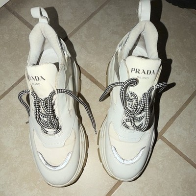 Prada Block Fabric and Leather Low-Top Sneakers in the white/gum color
