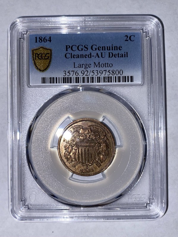 1864 Two Cent Coin Cleaned AU Large Motto BN