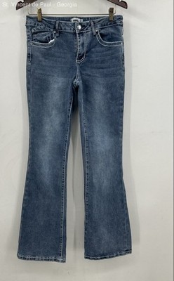 Rue21 Light Wash Flared Embroidered Jeans Women's 10 Stretch Buttons Y2K