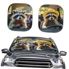 Car Windshield Sunshade - 2pcs Set - Universal Fit - Raccoon Animal Driving