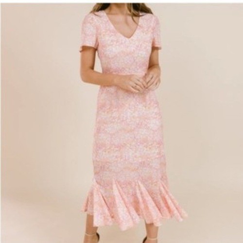 LAROQUE ORIGINAL $368 Pink Floral Midi Flounce Dress large cottagecore (bin FF)