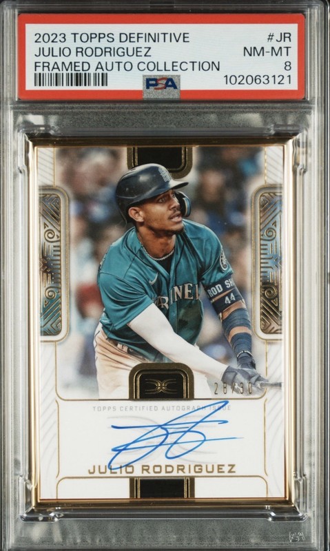 Topps 2023 Definitive Julio Rodriguez Framed Auto 28/30 PSA 8 DCFA-JR
