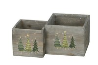 Holz Blumentopf Set/2 Tanne ÜBertopf Grau-GrüN Ø13+16Cm H12+13Cm Deko Topf