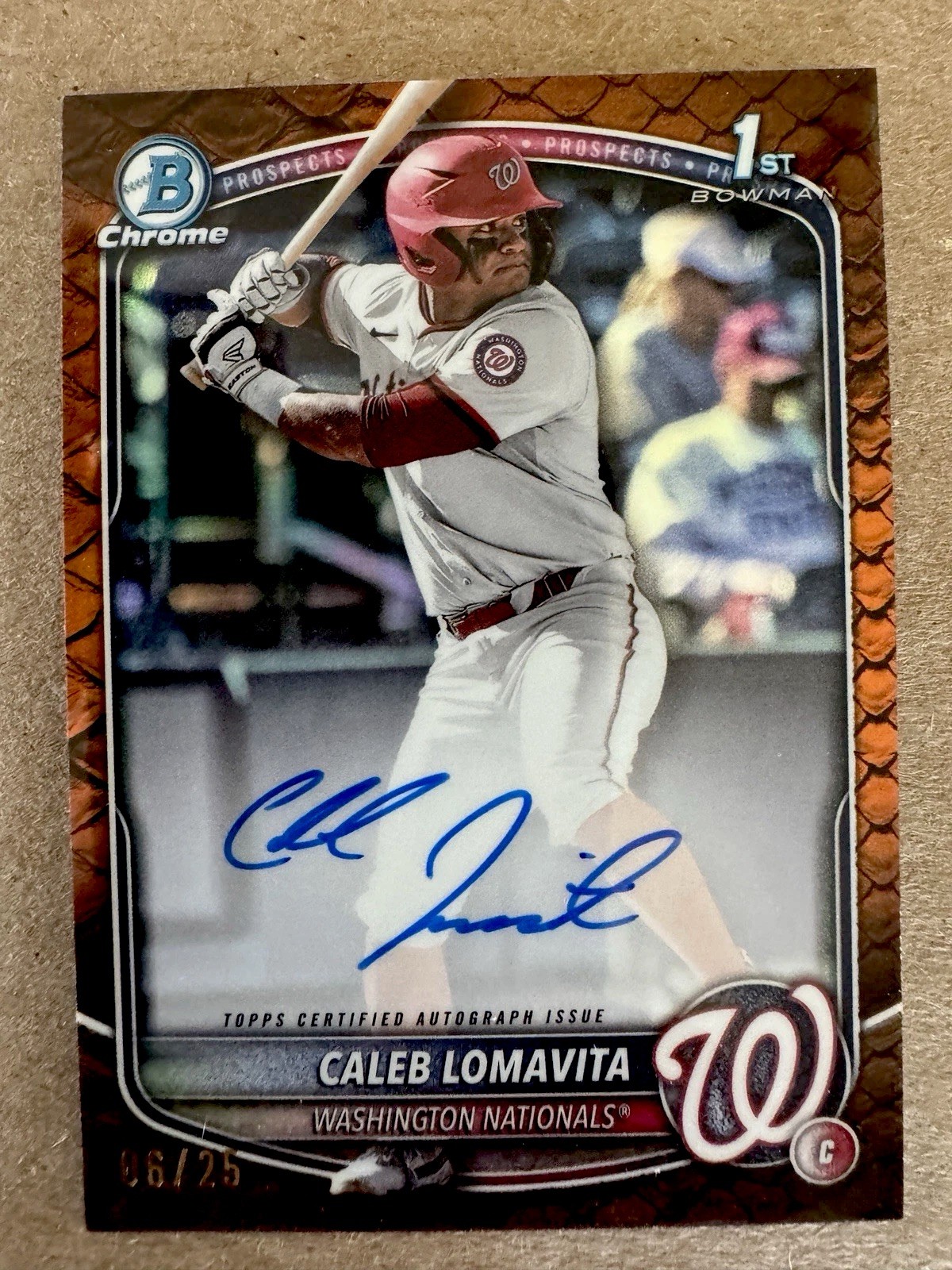2025 Bowman - Chrome 1st Autographs Caleb Lomavita #CPA-CLO Orange Reptilian /25