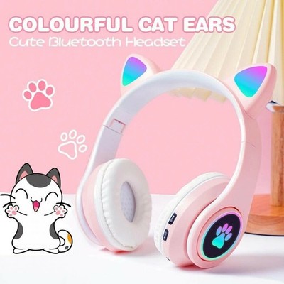 Bluetooth Kinder Katze Ohr Kopfhörer Gaming Headset Kopfhörer mit LED Licht Rosa