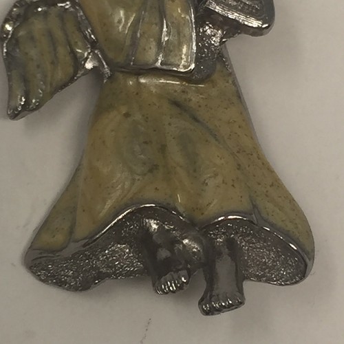 Vintage Angel Playing Harp White Enamel & Silver Tone Brooch Pin w/ Rhinestones - Picture 3 of 4
