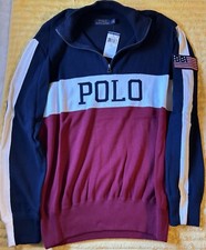 NWT Polo Ralph Lauren 1/4 Zip Sweater L Red White Blue w/American Flag Patch A6