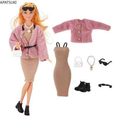 Rosa Pelzmantel Set für Barbie Puppe Outfits Khaki Kleid Stiefel Gürtel Brille