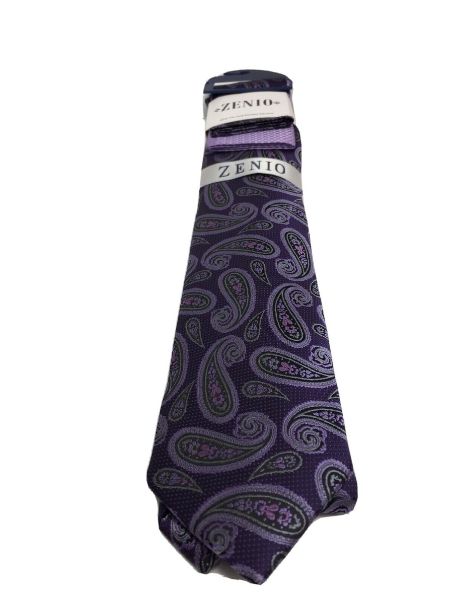 Men's Zenio Slim Tie with Two Hankies Set Purple Lavender Black