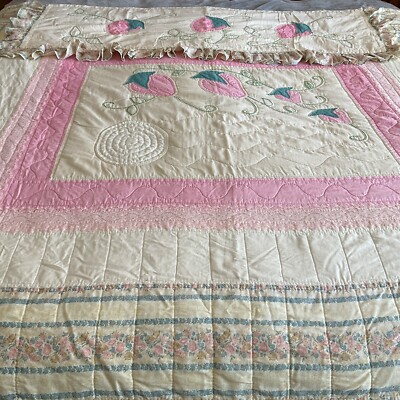 Vintage 1970 Unbranded Bedspread Multicolor Strawberry Embroidery 72'' x 80''