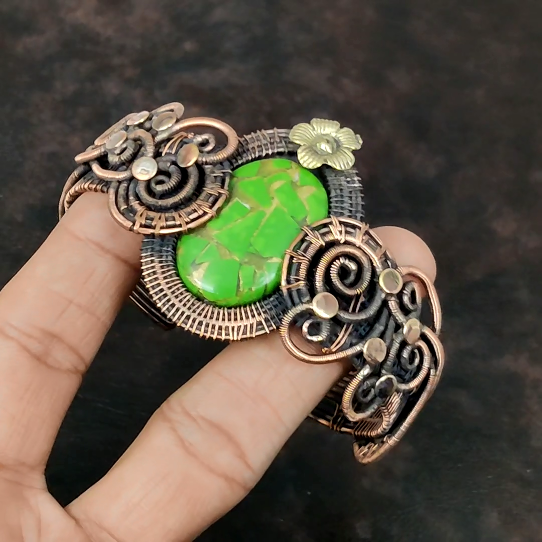 Green Turquoise Wire Wrapped Flower Adjustable Cuff Copper Jewelry