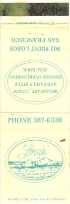 Louis, Restaurant, Breakfast, Lunch And Family Style, Vintage Matchbook Cover