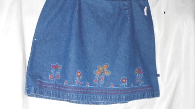 RT 66, DENIM KNEE LENGTH SKIRT/ FLOWERS EMBROIDERED FRONT.SZ 22W WAIST 42''