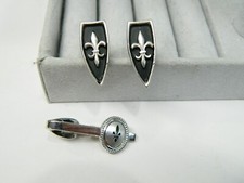 Fancy silver tone Fleur-de-Lis HICKOK cufflinks tie tac set