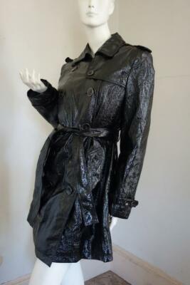 French Fashion - Trendy Urban ESCANDELLE Black Patent Coat Belted L Retro