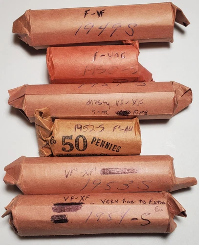 5 ROLLS: 1949-S 1950-S 1951-S 1952-S 1953-S 1954-S Lincoln Wheat VF XF AU UNC