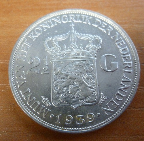 PAYS BAS NIEDERLANDE 2 1/2 Gulden silber WILHELMINA 1939 - Picture 2 of 2
