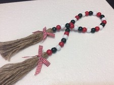 Rustic Farmhouse Wood Bead Garland w Jute Rope Tassels Green Red White Christmas